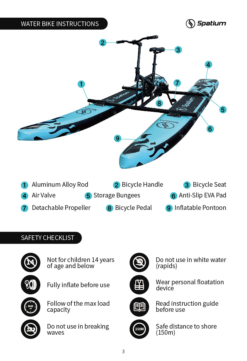 Single-person water bike comes with an inflatable cushion, air pump, auxiliary accessories.